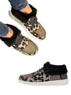 HEY DUDE "Britt" Patchwork Animal Print Faux Fur Casual Bootie/Sneaker